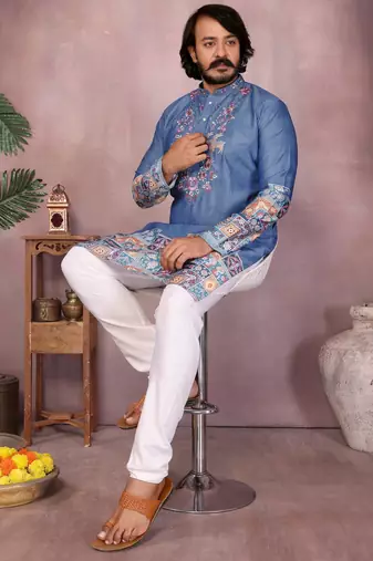Blue kahdi cotton embroidery print party wear kurta and payjama