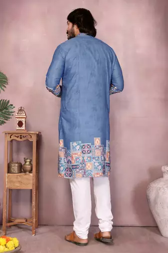 Blue kahdi cotton embroidery print party wear kurta and payjama