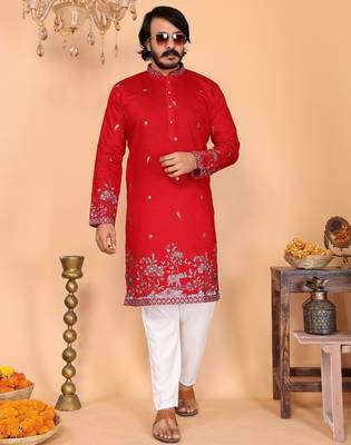 Red linen cotton embroidery party wear kurta and payjama 2