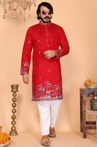 Red linen cotton embroidery party wear kurta and payjama