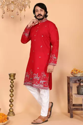 Red linen cotton embroidery party wear kurta and payjama