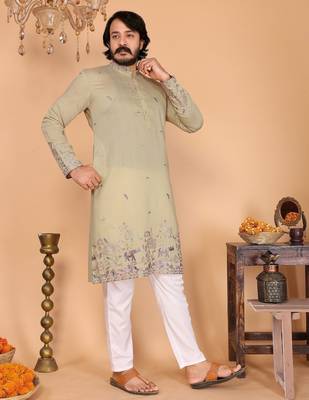 Green linen cotton embroidery party wear kurta and payjama 1