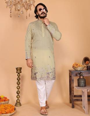 Green linen cotton embroidery party wear kurta and payjama 2