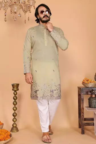 Green linen cotton embroidery party wear kurta and payjama