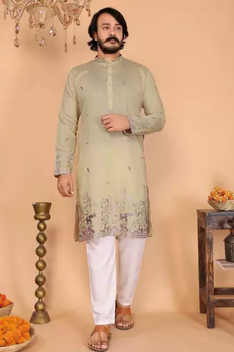 Green linen cotton embroidery party wear kurta and payjama
