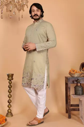 Green linen cotton embroidery party wear kurta and payjama