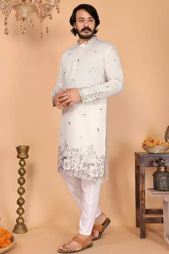 White linen cotton embroidery party wear kurta and payjama