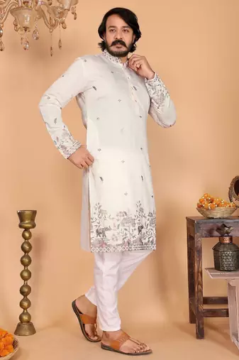 White linen cotton embroidery party wear kurta and payjama
