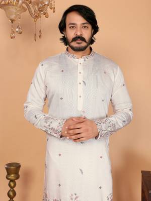 White linen cotton embroidery party wear kurta and payjama 4