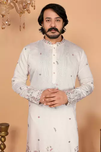 White linen cotton embroidery party wear kurta and payjama