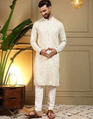 White kahdi cotton embroidery print party wear kurta and payjama 1