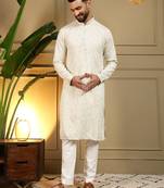 White kahdi cotton embroidery print party wear kurta and payjama