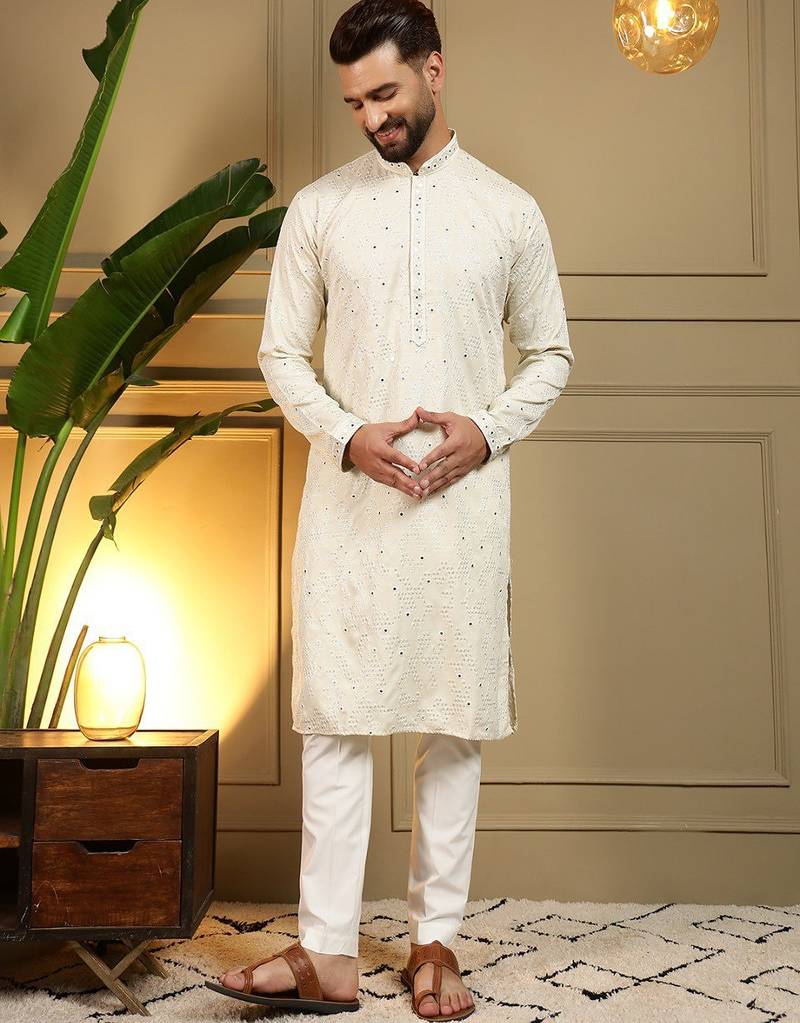 White kahdi cotton embroidery print party wear kurta and payjama