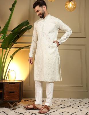 White kahdi cotton embroidery print party wear kurta and payjama 2
