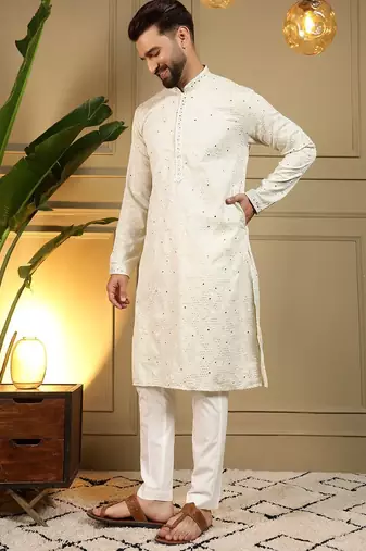 White kahdi cotton embroidery print party wear kurta and payjama