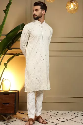 White kahdi cotton embroidery print party wear kurta and payjama