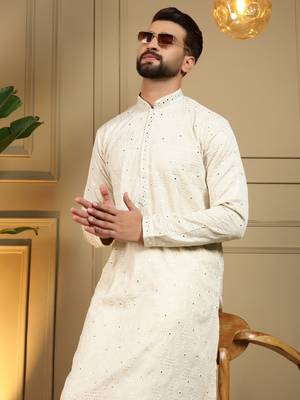 White kahdi cotton embroidery print party wear kurta and payjama 4