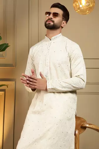 White kahdi cotton embroidery print party wear kurta and payjama