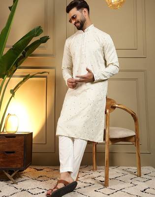 White kahdi cotton embroidery print party wear kurta and payjama 5