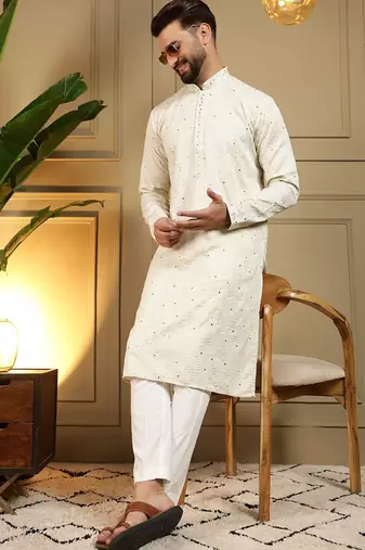 White kahdi cotton embroidery print party wear kurta and payjama