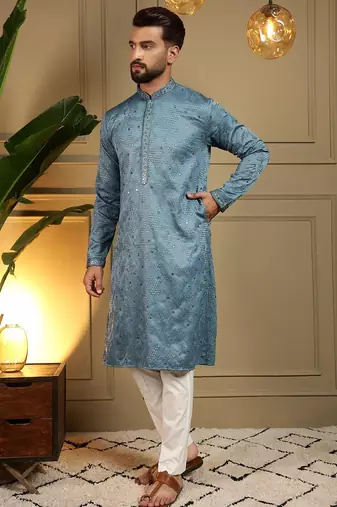 Blue kahdi cotton embroidery print party wear kurta and payjama
