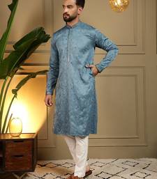 Blue kahdi cotton embroidery print party wear kurta and payjama