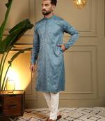 Blue kahdi cotton embroidery print party wear kurta and payjama