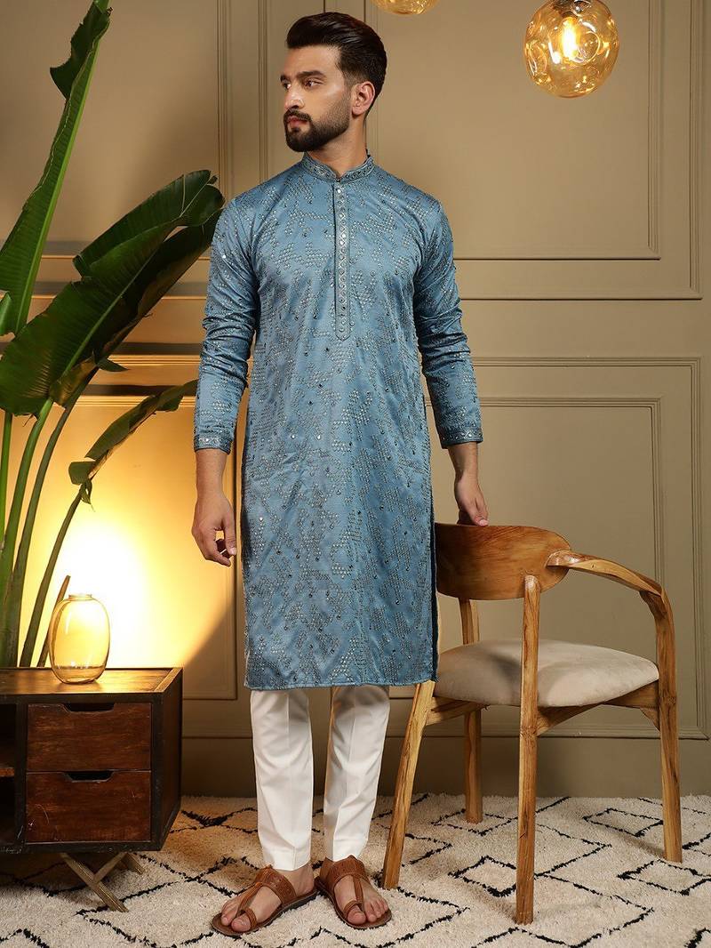 Blue kahdi cotton embroidery print party wear kurta and payjama