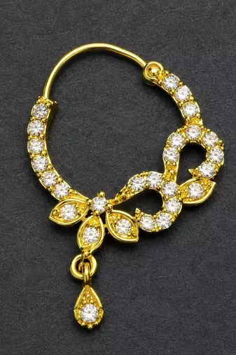 gold plated floral cz stone bridal nath hoop