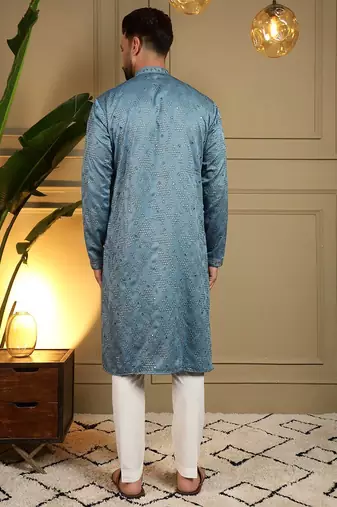 Blue kahdi cotton embroidery print party wear kurta and payjama