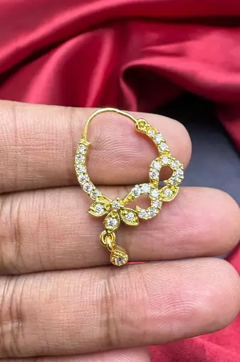 gold plated floral cz stone bridal nath hoop
