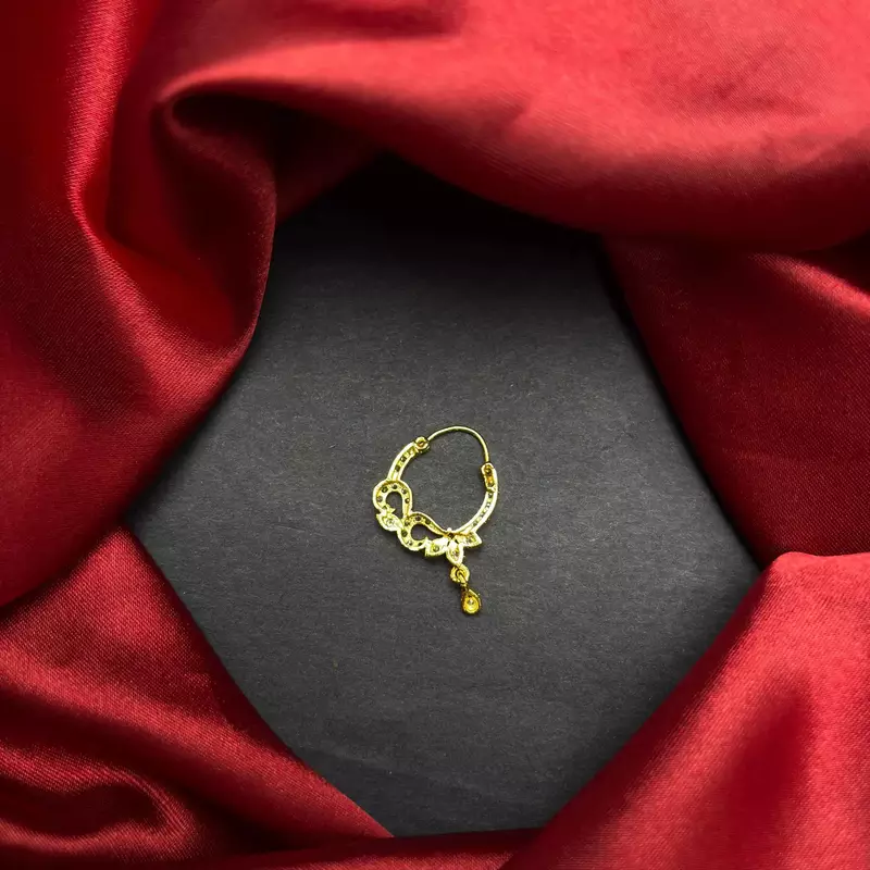 gold plated floral cz stone bridal nath hoop