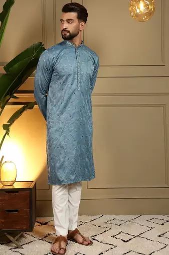 Blue kahdi cotton embroidery print party wear kurta and payjama