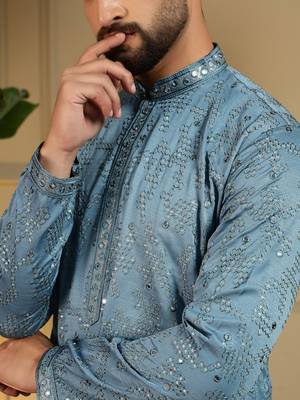 Blue kahdi cotton embroidery print party wear kurta and payjama 5