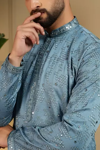 Blue kahdi cotton embroidery print party wear kurta and payjama