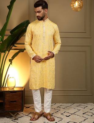 Yellow kahdi cotton embroidery print party wear kurta and payjama 1