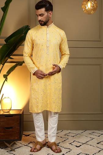 Yellow kahdi cotton embroidery print party wear kurta and payjama