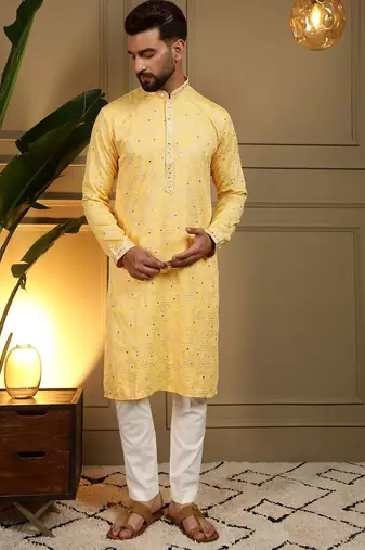 Yellow kahdi cotton embroidery print party wear kurta and payjama
