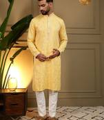 Yellow kahdi cotton embroidery print party wear kurta and payjama