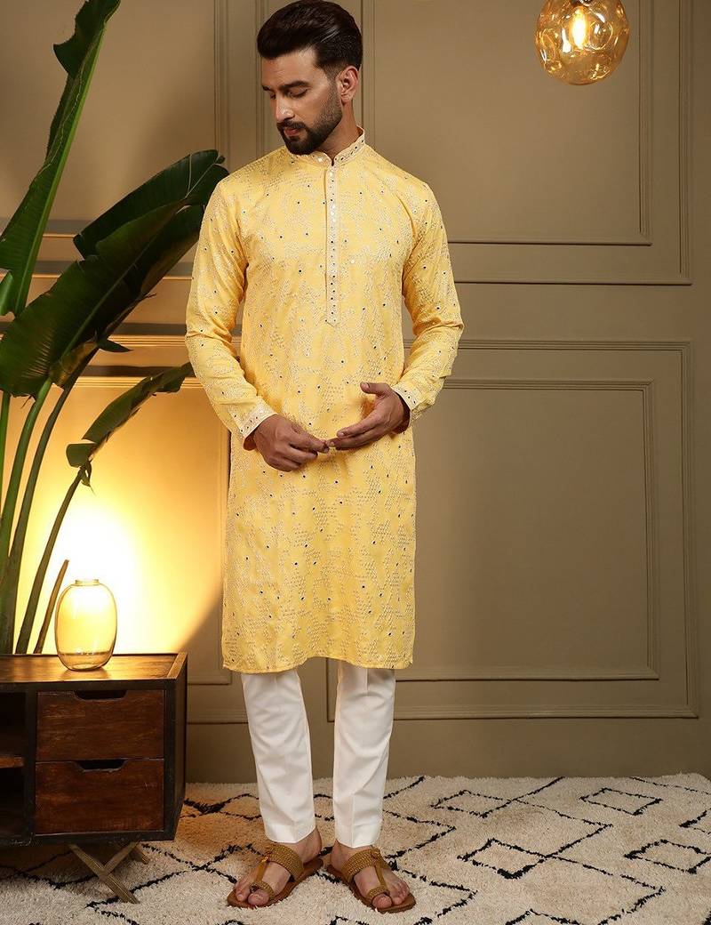 Yellow kahdi cotton embroidery print party wear kurta and payjama