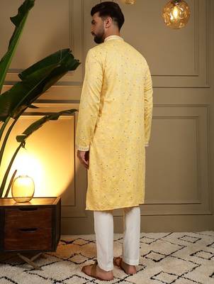 Yellow kahdi cotton embroidery print party wear kurta and payjama 2