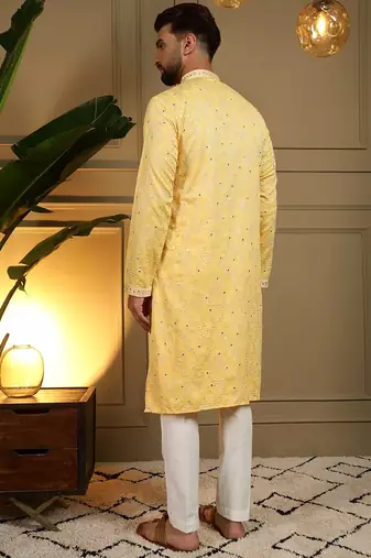 Yellow kahdi cotton embroidery print party wear kurta and payjama