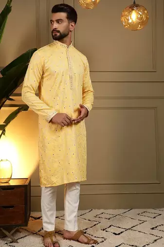 Yellow kahdi cotton embroidery print party wear kurta and payjama