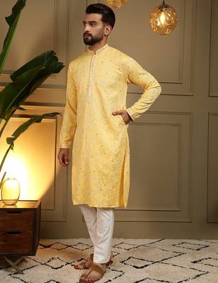 Yellow kahdi cotton embroidery print party wear kurta and payjama 4