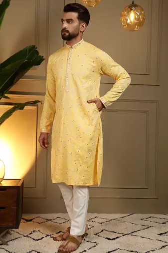 Yellow kahdi cotton embroidery print party wear kurta and payjama