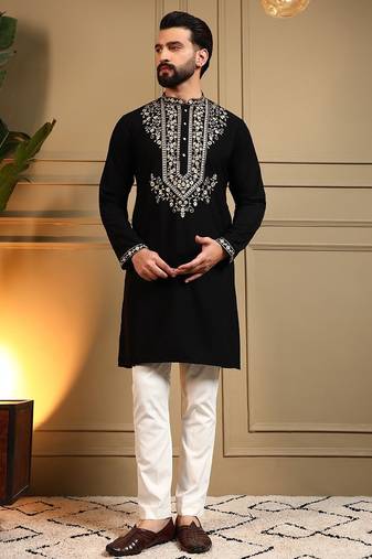 Black lachko embroidery print party wear kurta and payjama