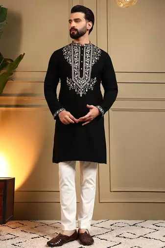 Black lachko embroidery print party wear kurta and payjama