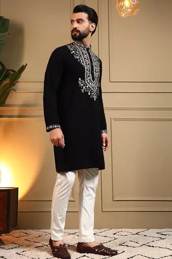 Black lachko embroidery print party wear kurta and payjama