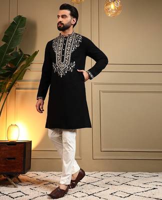 Black lachko embroidery print party wear kurta and payjama 3
