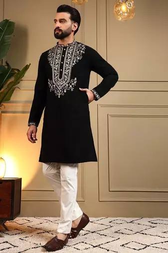 Black lachko embroidery print party wear kurta and payjama